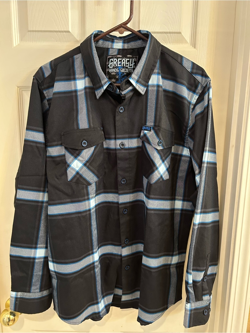 Men’s Black Plaid Button-Down Shirt with Blue Accents